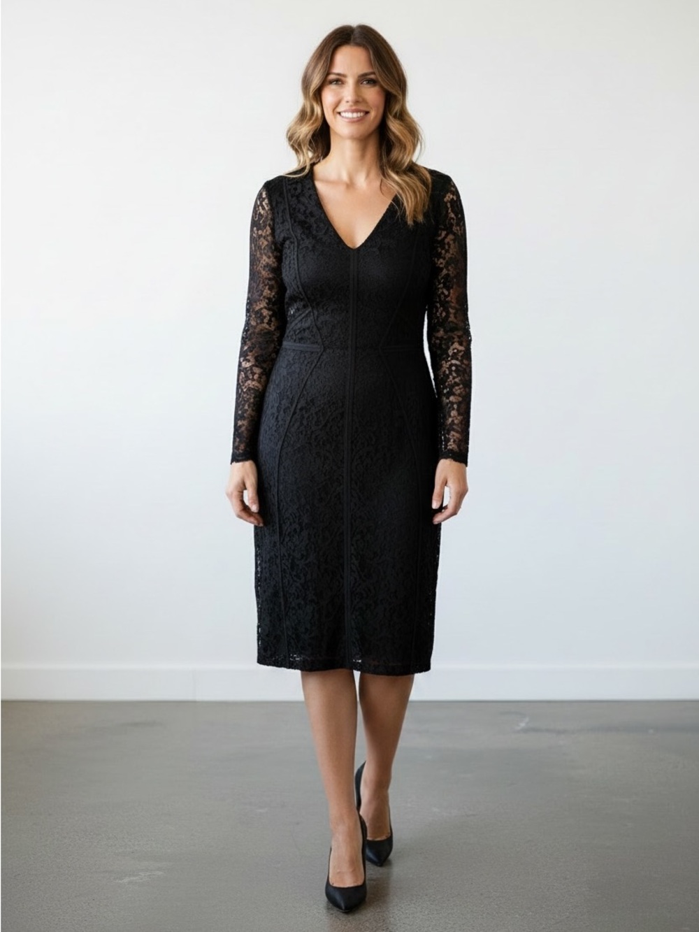 Ann Taylor Black Lace V-Neck Midi Dress